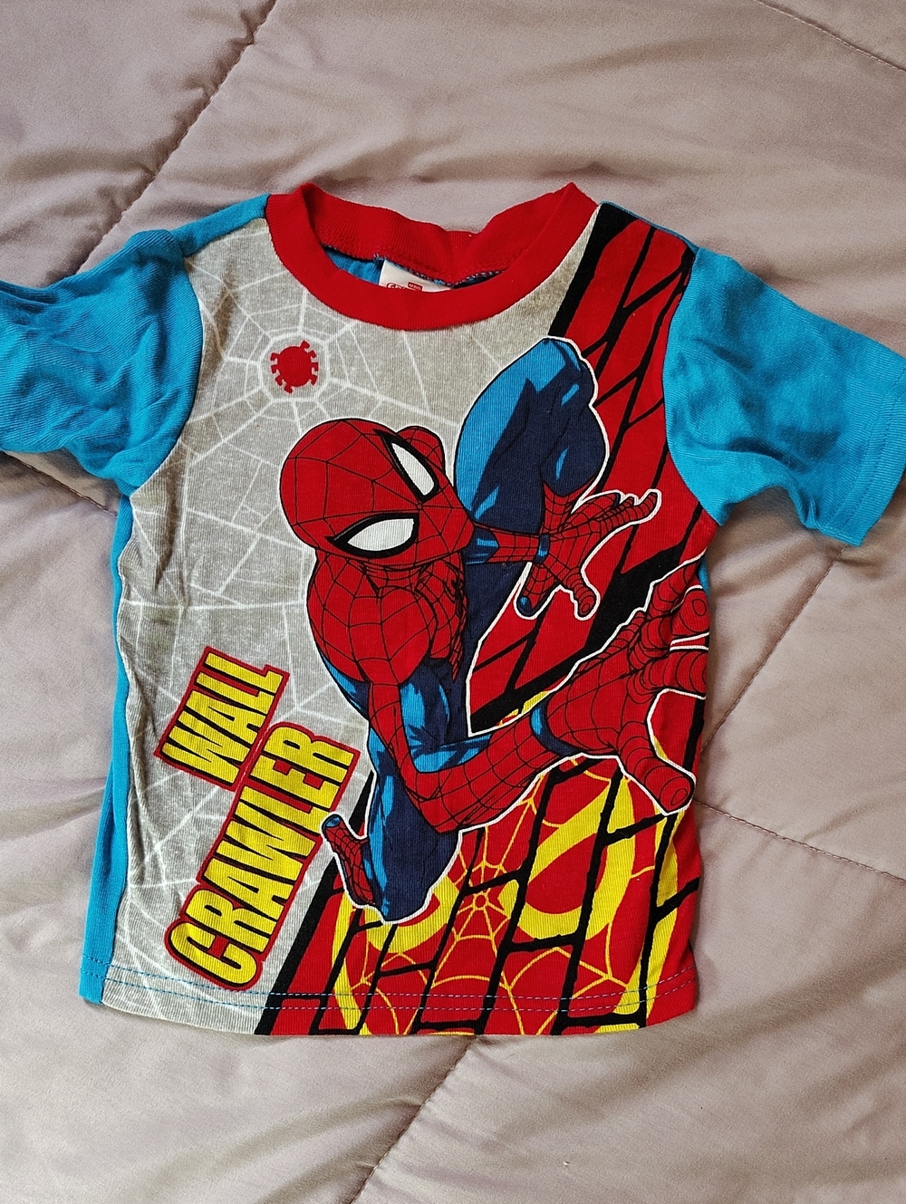 Spiderman Kids Pj Tee - Red, Blue & Yellow Wall Crawler Graphic